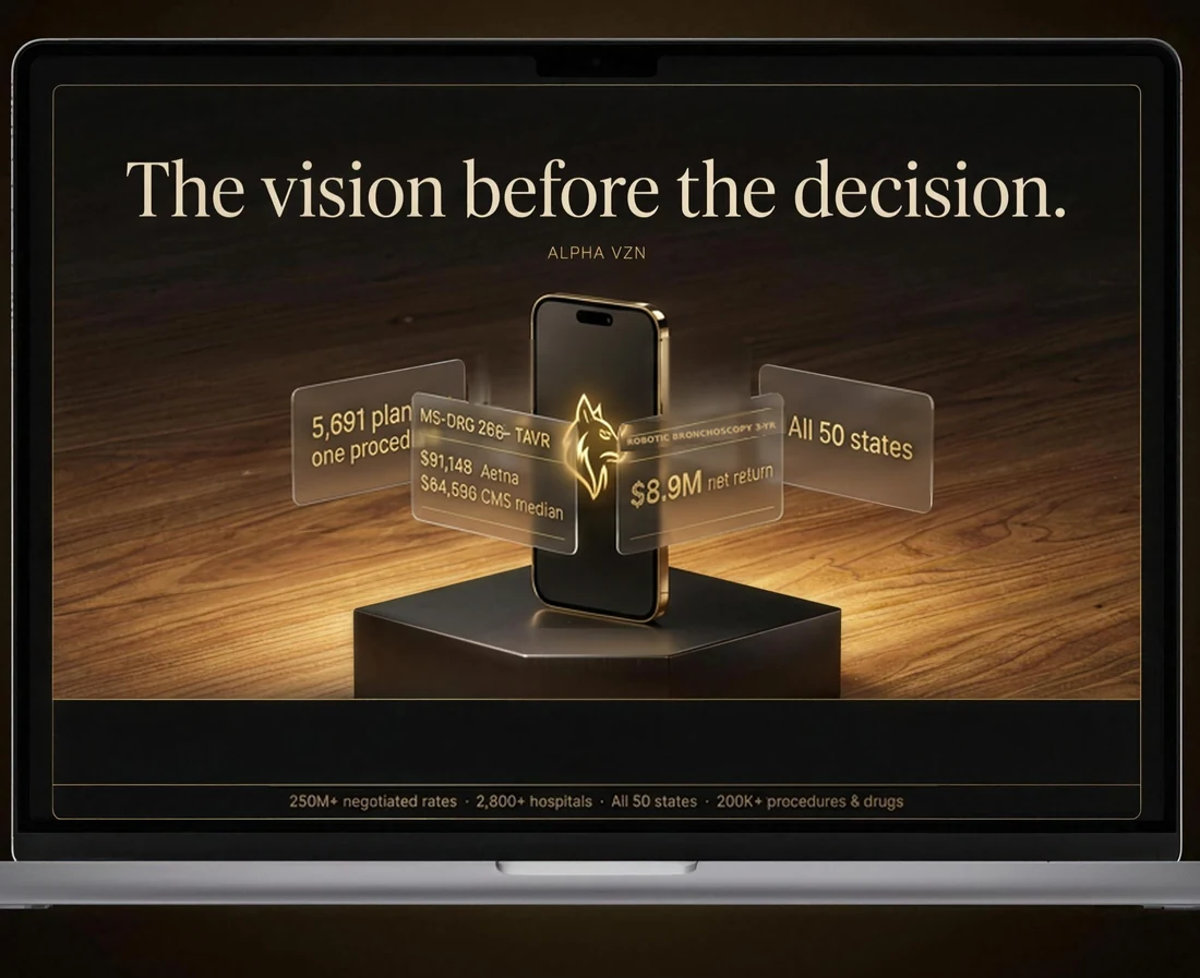 Alpha VZN — phone on a pedestal surrounded by four glass panels showing real reimbursement data, displayed on a laptop