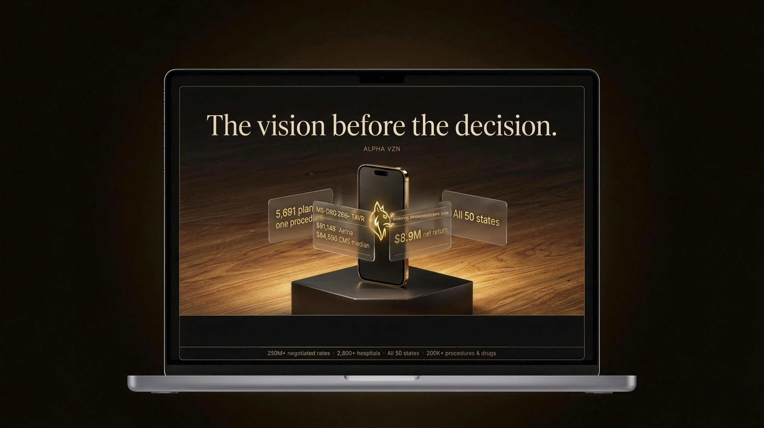 Alpha VZN — phone on a pedestal surrounded by four glass panels showing real reimbursement data, displayed on a laptop